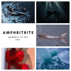 four different images with the words amphririte goddess of the sea