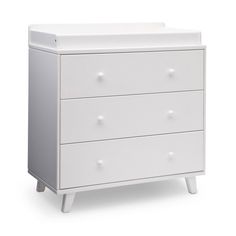 a white dresser with three drawers and two knobs on each drawer, against a white background