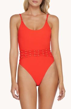 Gleaming beads adorn handwoven macramé lattice at the center of this stunning one-piece swimsuit that will complement your pool-ready style. Pull-on style Adjustable straps Moderate back coverage Partially lined 50% recycled polyamide, 29% polyamide, 21% elastane Hand wash, line dry Imported Polyamide One-piece Swimwear For Poolside, Polyamide Swimwear With Built-in Bra For Poolside, Solid Micro-elastic Workout Swimwear, Micro-elastic Swimwear Bodysuit With Lined Body, Micro-elastic Elastane Swimwear For Poolside, Nordstrom Store, Anniversary Sale, Womens Swimwear, One Piece Swimsuit