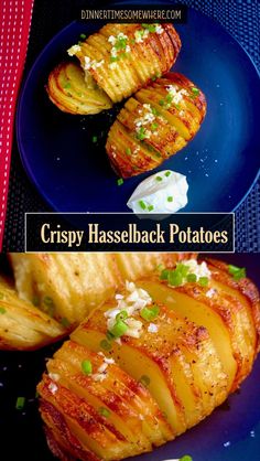 crispy hasselback potatoes on a blue plate