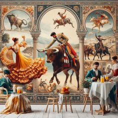 the mural on the wall depicts an image of people and animals in fancy dress, riding bulls