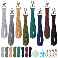 several different colors of rope with scissors and hooks