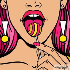 a woman with pink hair holding a lollipop in her mouth