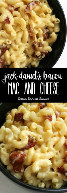 two pictures of macaroni and cheese with bacon on top in black pans