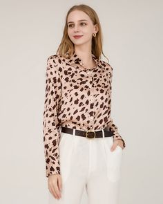 Type: Women's Silk Shirt.Material: 19 Momme Luxury Mulberry Silk Features: Designed Long Sleeves, Regular Fit. - Fierce Sophistication: The timeless leopard print design adds an element of wild elegance to your wardrobe, making you stand out in style. - Silky Smooth Comfort: Crafted from premium silk, this blouse feels sumptuously soft against your skin, ensuring all-day comfort. - Versatile Style: Dress it up for a night out on the town or pair it with your favorite jeans for a casually chic da Womens Silk Shirts, Silk Shirt Blouses, Casually Chic, Printed Silk Shirt, Cashmere Accessories, Silk Accessories, Leopard Print Blouse, Loungewear Women, Womens Loungewear