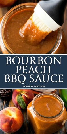 bourbon peach bbq sauce in a glass jar with a wooden spoon and apples around it