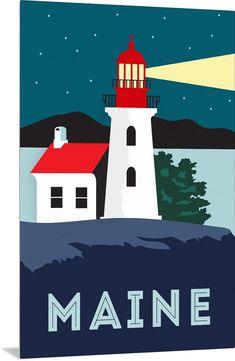 a poster with a lighthouse on it that says maine in front of the night sky