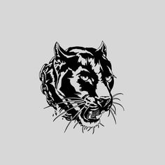 a black and white drawing of a tiger's head