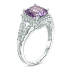 Gleaming with brilliance, this sensational gemstone ring is a striking choice. Crafted in sleek sterling silver, this spellbinding design features an 8.0mm cushion-shaped bright purple amethyst wrapped in a complementary frame of shimmering white topaz. Ribbons of white topaz complete the ring's graceful split shank. Polished to a bright shine, this magnificent ring affords her undeniable glamour. Custom-made to fit her ring size. Sterling silver rings cannot be resized after purchase. Fine Jewelry Purple Rings With Diamond Accents, Amethyst Ring With Diamond Accents, Round Cut, Formal Amethyst Rings With Diamond Accents, Formal Amethyst Ring With Vs Clarity, Formal Amethyst Rings With Vs Clarity, Purple Cushion Cut Brilliant Ring, Purple Brilliant Cushion Cut Rings, Purple Diamond Ring With Accents, Round Cut, Purple Diamond Ring With Diamond Accents