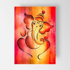 an elephant painting on a white wall with red and yellow colors in the background,