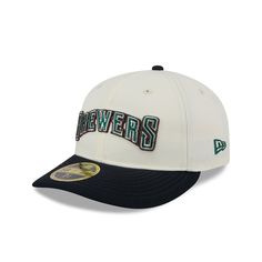 The Milwaukee Brewers Forest Visor Retro Crown 59FIFTY Fitted Cap features an embroidered Brewers Cooperstown wordmark a the front panels with a matching MLB Batterman logo at the rear. Additional details include a 25th Anniversary patch at the right-wear side, a black visor, and a green undervisor. Milwaukee Brewers, Florida Panthers, Vancouver Canucks, Anaheim Ducks, Maple Leafs, Houston Rockets, New York Rangers, Indianapolis Colts, Atlanta Falcons