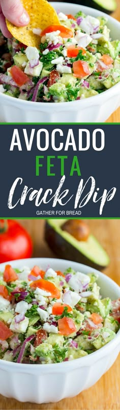 Avocado Feta Dip - Delicious addicting 'crack' dip made with feta cheese, fresh tomatoes, avocado chunks, vinaigrette, and herbs. Can't get enough of this healthy fresh blend. Perfect party appetizer. Avocado Feta Dip, Avocado Dessert, Feta Dip, Fitness Program, Buffalo Chicken Dip, Avocado Recipes, Healthy Appetizers, Appetizer Dips