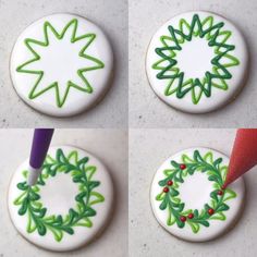 four decorated cookies with green designs on them