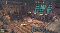 a room filled with lots of furniture and wooden barrels on the floor in front of a window