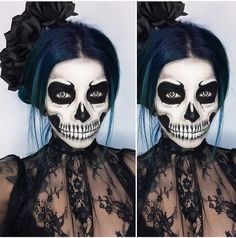 Skeleton Makeup Realistic, Halloween Face Makeup Scull, Black And White Sugar Skull Makeup, Sugar Skull Face Paint For Women, Female Skeleton Makeup, Skeleton Makeup Women, Skeleton Face Paint Women, Scary Skull Makeup, Skeleton Face Paint Easy