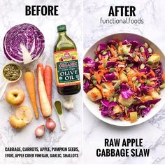 the before and after pictures show how to cook cabbage, carrots, apples, apple cider