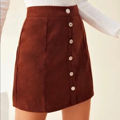 Rust Brown Waist Is About 26-27 Buttons Can Be Undone More A Straight Slim Material Trendy Brown Mini Skirt With Buttons, Casual Brown Buttoned Mini Skirt, Brown Buttoned Casual Mini Skirt, Casual Brown Mini Skirt With Buttons, Casual Brown Skirt With Buttons, Pinafore Skirt, Shein Skirts, Frilly Skirt, Mini Pleated Skirt