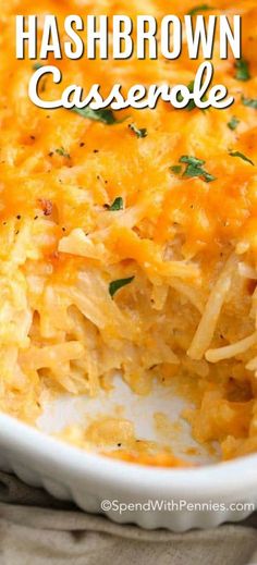 hashbrown casserole in a white dish with text overlay