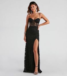 Sparkly glitter adds a glam factor to the Vicky formal dress perfect for your next dressy evening! She features a sleeveless, sweetheart neck, bungee spaghetti straps, and a built-in padded bust atop a sheer lace bodice with flexible boning for a structured fit. Corset Dress Black, Lace Corset Dress, Glitter Prom Dresses, Black Prom Dress, Sequin Prom Dresses, Black Prom, Long Midi Dress, Green Prom Dress, Satin Prom Dress