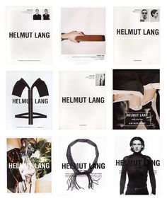 an assortment of brochures with black and white images on them, including the words helmut lang