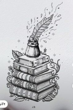 a stack of books with a quill on top of it and a pen in the middle