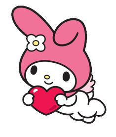 hello kitty holding a heart in her hand with an angel wings and flower on it