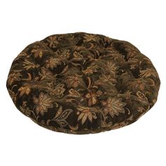 a round dog bed with floral designs on the front and back, in dark brown