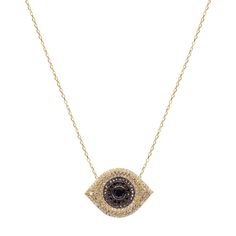 Glittering with dense-packed crystals and shining black gems, the Eye of the Sun Necklace is virtually guaranteed to catch some stares from admiring onlookers... and it'll never fail to return the gaze. Layer up with different weights and lengths of chain to add texture and gravity–for starters, we recommend our Gold Stud Choker and Lariat d'Or Necklace. 14k gold plated sterling silver Embedded clear and onyx crystals 16-18" Adjustable in length Crystal Necklaces With Chain For Evening, Crystal Chain Necklaces For Evening, Evening Crystal Chain Necklaces, Yellow Gold Crystal Necklace With Adjustable Chain, Gift Black Diamond Necklace, Glamorous Stone Necklaces As Gifts, Glamorous Stone Necklaces For Gifts, Glamorous Stone Necklace For Gift, Diamond Chain Necklaces For Evening