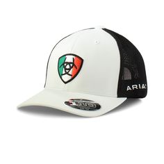 Hats off to Mexico! This statement men's cap features white front panels and bill with embroidered Ariat shield in the colors of the Mexico flag. Black mesh back panels with snapback closure for a perfect fit. Mexico shield logo cap | Men's Mexico shield logo cap in White, Size: OS by Ariat White Sporty Fitted Cap, White Sports Cap, White Sports Visor Fitted Hat, White Six-panel Fitted Hat For Sports Events, White Six-panel Sporty Fitted Hat, White Visor Fitted Hat For Sports, White Fitted Baseball Cap With Logo Patch, White Snapback Baseball Cap With Logo Patch, White Trucker Hat With Logo Patch And Curved Brim