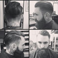 Hair and beard work here. Call me crazy but I do love this hair cut right now. Ricki Hall, Mens Modern Hairstyles, Tapered Haircut, Beard Hairstyle, Beard Tattoo, Awesome Beards, Slicked Back Hair, Magnum Opus, Corte De Cabelo Masculino