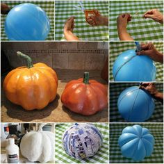 several pictures of pumpkins being painted in different colors and sizes, including orange, blue, green, white