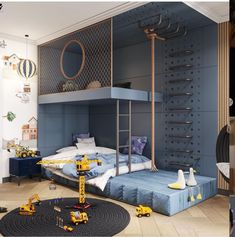 a bedroom with bunk beds and construction vehicles on the floor in front of it, along with other toys