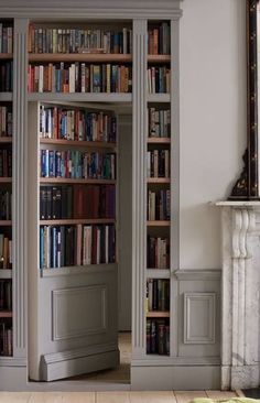 an open bookcase with many books in it