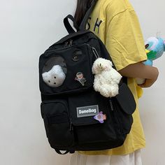 Harajuku Style Student Backpack For Back To School, Everyday Harajuku Style Rectangular Backpack, Everyday Harajuku Rectangular Backpack, Kawaii Large Capacity School Backpack, Kawaii Large Capacity Backpack For School, Harajuku Style School Backpack With Zipper, Harajuku Style School Backpack With Zipper Closure, Harajuku School Backpack With Zipper Closure, Everyday Harajuku Backpack