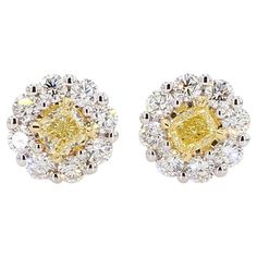 RareGemWorld's classic natural cushion cut yellow diamond earrings. Mounted in a beautiful 18K Yellow and White Gold setting with natural cushion cut yellow diamonds. The yellow diamonds are surrounded by small round natural white diamond melee. These earrings are guaranteed to impress and enhance your personal collection! Total Weight: 1.42cts Natural Cushion Yellow Diamonds Natural Round White Diamonds 18k Yellow/White Gold All diamonds are guaranteed natural International Shipments: Please note that customers are responsible for all import duties and taxes applicable to the country of shipment Returns: Returns accepted in original format within 14 days of receipt Do not forget to view our entire inventory! Thank you for reviewing our item Yellow Diamond Earrings, Classic Diamond Earrings, Earring Video, Yellow Diamond Earring, Yellow Cushion, Yellow Cushions, Yellow Diamonds, Gold Cushions, Natural Cushions