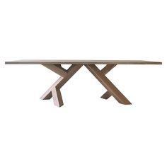 a wooden table with two intersecting legs and a rectangular top, against a white background