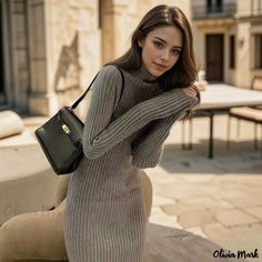 Olivia Mark - Versatile Knitted Midi Dress with Half-Turtleneck, Relaxed Fit, and Long Sleeves - Ideal as a Layering Piece for Coats, Sweaters, and Cardigans Knitted Sweater Dress, Knitted Midi Dress, Cardigan Outfits, Sweater Dress Midi, Khaki Dress, Maxi Knit Dress, Long Sleeve Turtleneck, Knit Midi, Knit Sweater Dress