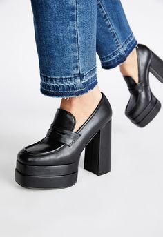 Material: Faux Leather Heel Height: 5.25" Platform Height: 2.0" Closure: Slip On Imported Snake Heels, Denim Heels, Wide Width Boots, Wide Width Shoes, Faux Leather Heels, Platform Loafers, Wide Calf Boots, Black Caviar, Shoes Pumps