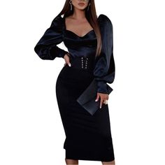 Style: Chic,Glamorous Type: Straight Materia: Velvet Neckline: Sweetheart Neck Sleeve Style: Lantern Sleeve,Long Sleeve Length: Mid-Calf Pattern Type: Plain Decoration: Eyelet,Lace-Up,Lantern Sleeve Fit Type: Regular Occasion: Evening, Party Size: Medium Measurements Inch: Bust: 34.6 Hip: 35.4 Top Length: 38.2 Top Waist: 28.3 Sleeves Length: 18.7 Condition: Brand New Elegant Midi Dress With Lantern Sleeves For Night Out, Elegant Lantern Sleeve Midi Dress For Night Out, Black Lantern Sleeve Party Dress, Black Lantern Sleeve Dress For Party, Elegant Lantern Sleeve Dress For Date Night, Elegant Fitted Blouse For Cocktail, Elegant Lantern Sleeve Blouse For Night Out, Fitted Lantern Sleeve Evening Midi Dress, Black Midi Dress With Lantern Sleeves For Evening