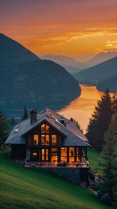 the sun is setting over a lake and a cabin in the woods with mountains behind it