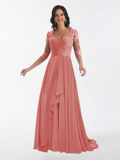 #color_Coral Chiffon V-neck Dress With Ruched Bodice, Lace Sleeves V-neck Prom Dress, Lace Sleeve V-neck Prom Dresses, V-neck Dresses With Lace Sleeves For Prom, V-neck Lace Sleeve Prom Dresses, V-neck Prom Dresses With Lace Sleeves, Lace V-neck Dress For Mother Of The Bride, Flowy Dresses For Mother Of The Bride, Flowy Mother Of The Bride Dress For Banquet