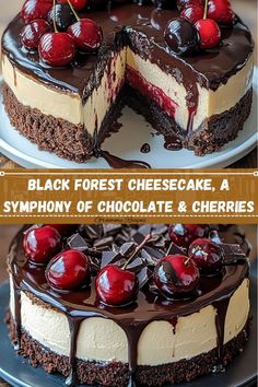 two different cakes with chocolate and cherries on top