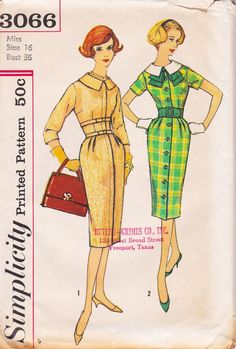 an old fashion sewing pattern with two women in dresses, one wearing a hat and the other holding a purse