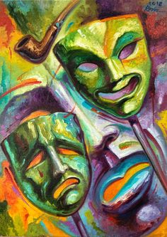 an oil painting of two masks with a pipe in their mouth and one wearing a green mask