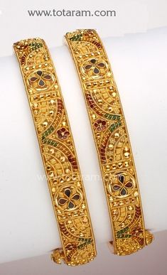 22 Karat Gold Kada - Set of 2 (1 Pair)
      Note: This item comes with a Screw and hinge so that you can open it up for easy wearing.     - 235-GK176 - in 39.500 Grams for USD $3091.99. 
Made in India by Totaram Jewelers Online this product is in Gold - 22 Karat BIS Hallmark 916 KDM Gold  & is an excellent gift for Adult - Women. Ships fully insured with secured guaranteed delivery for free with your order over $250 from New Jersey USA & comes with 30 days exchange policy. Antique Necklace Gold, Indian Gold Jewellery Design, Gold Kada, 22k Gold Bangles, Gold Bangles Indian, Gold Bangles For Women, Gold Bangle Set, 22k Gold Jewelry, Gold Jewelry Stores