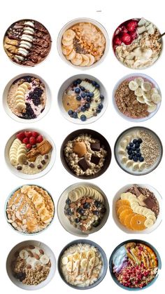 an array of different types of cereals and other foods in bowls on a white background