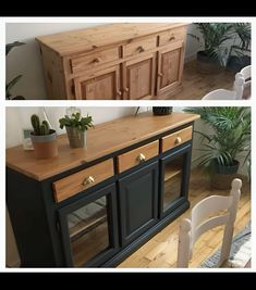 two different views of the same sideboard with plants on top and one in front