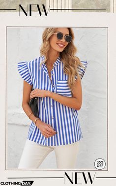 Striped Buttoned Ruffled Sleeve Blouse Ruffle Sleeve Blouse With Ruffles For Vacation, Ruffled Sleeve Blouse For Vacation, Casual Ruffled Blouse For Beach, Ruffle Sleeve Blouse For Vacation, Trendy Ruffle Sleeve Blouse For The Beach, Trendy Ruffle Sleeve Blouse For Beach, Summer Short Sleeve Blouse With Ruffles, Summer Blouse With Short Sleeves And Ruffles, Summer Blouse With Ruffles And Short Sleeves