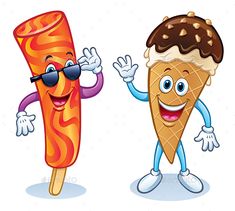 two cartoon ice cream cones with sunglasses on their faces and arms, one holding up his hand