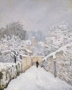 a painting of a person walking down a snowy street